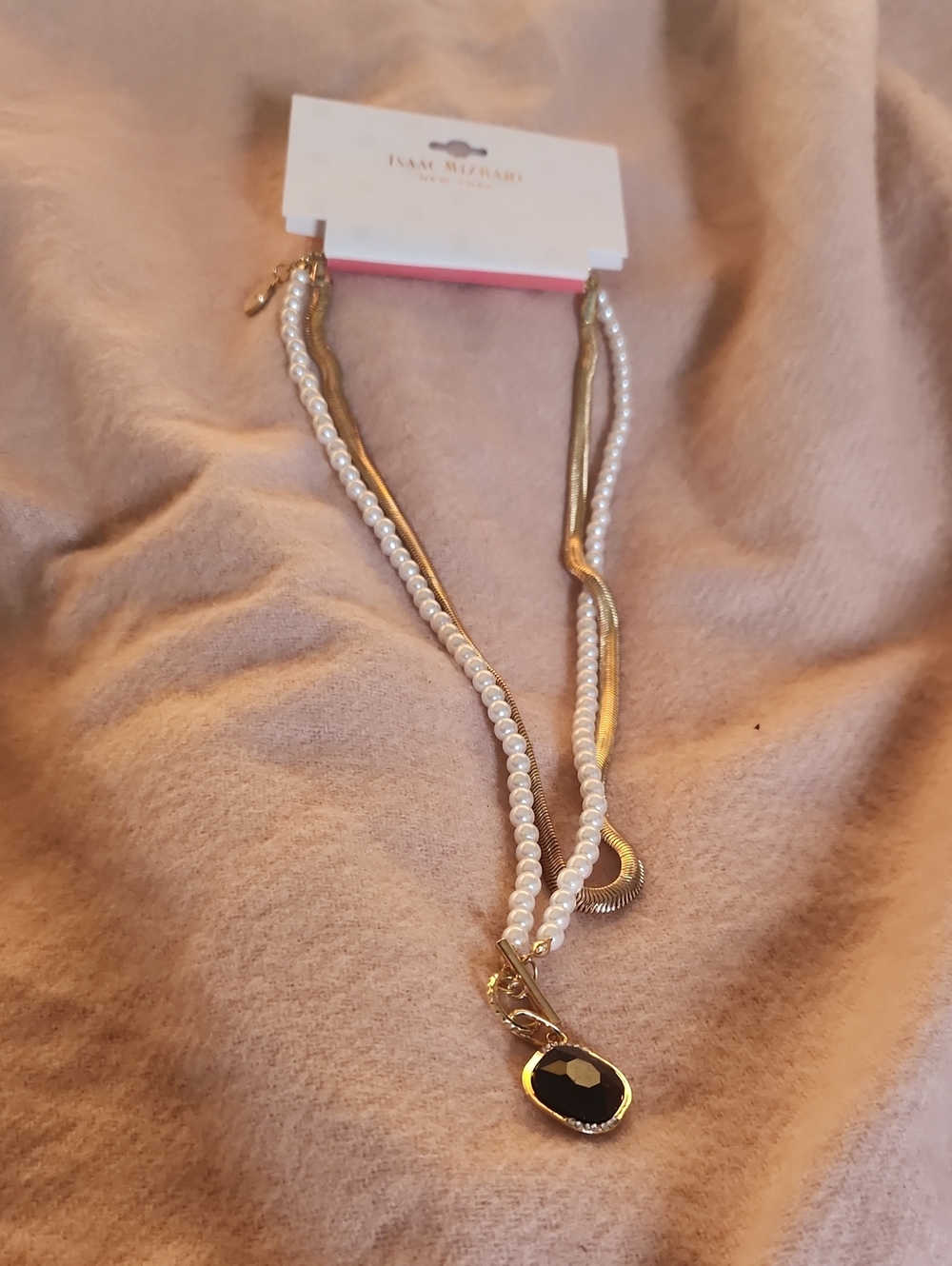 Isaac Mizrahi Ivory Pearl and Gold Pendant Necklace with Black Oval Stone